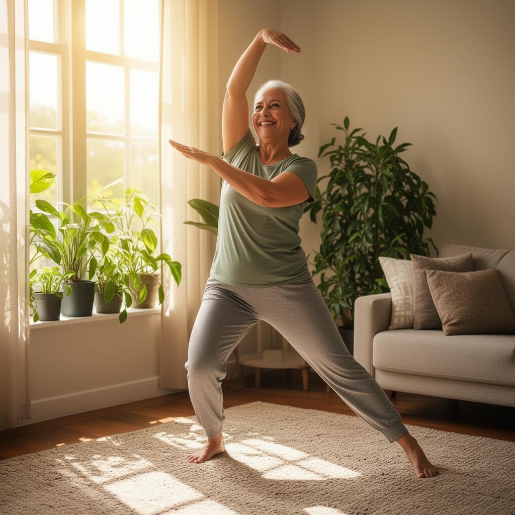 Mulher 55+ em rotina matinal energizada